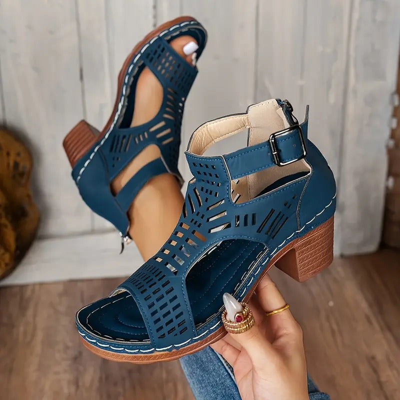 Olivia Sydney - Ergonomic Sandal with Block Heel and Laser-Cut Decoration