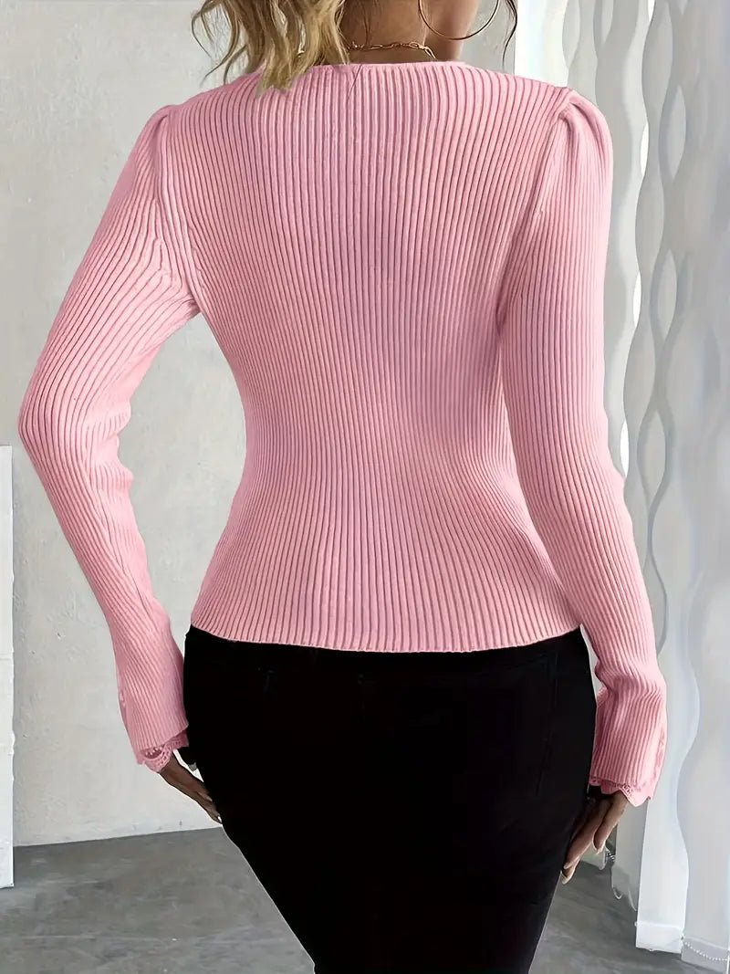 Olivia Sydney - Ribbed V-Neck Top with Lace Sleeves