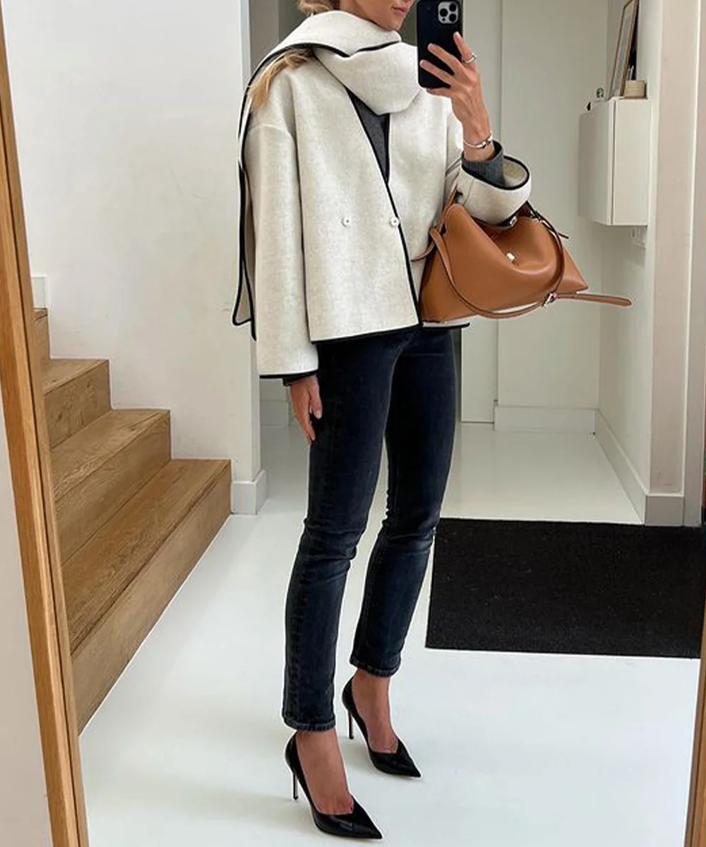 Olivia Sydney - Short French Minimalist Style Coat with Scarf