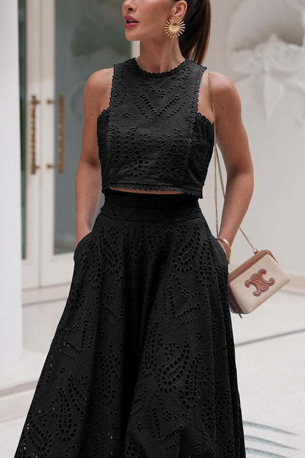 Olivia Sydney - Embroidered Two-Piece Set with High-Waisted Skirt and Pockets