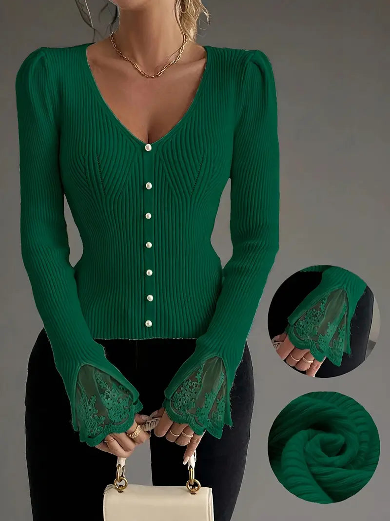 Olivia Sydney - Ribbed V-Neck Top with Lace Sleeves
