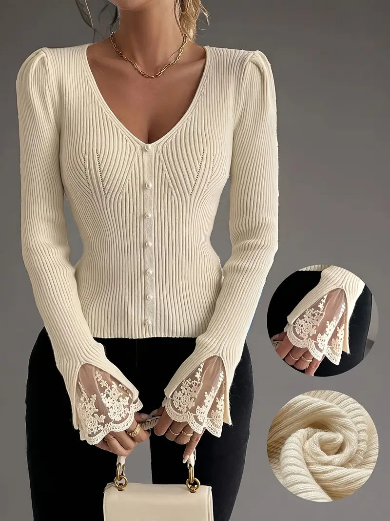 Olivia Sydney - Ribbed V-Neck Top with Lace Sleeves