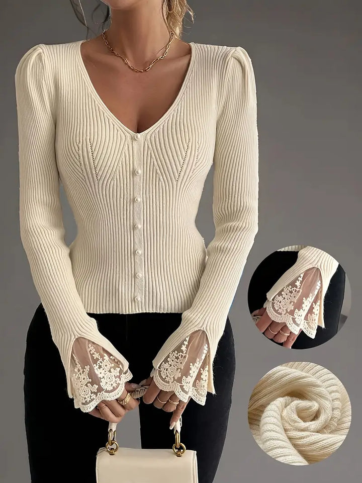 Olivia Sydney - Ribbed V-Neck Top with Lace Sleeves