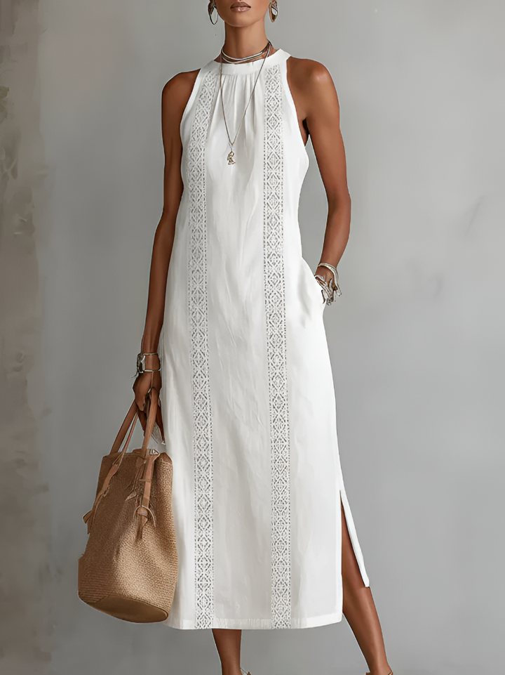 Olivia Sydney - Linen Midi Dress with Mao Collar