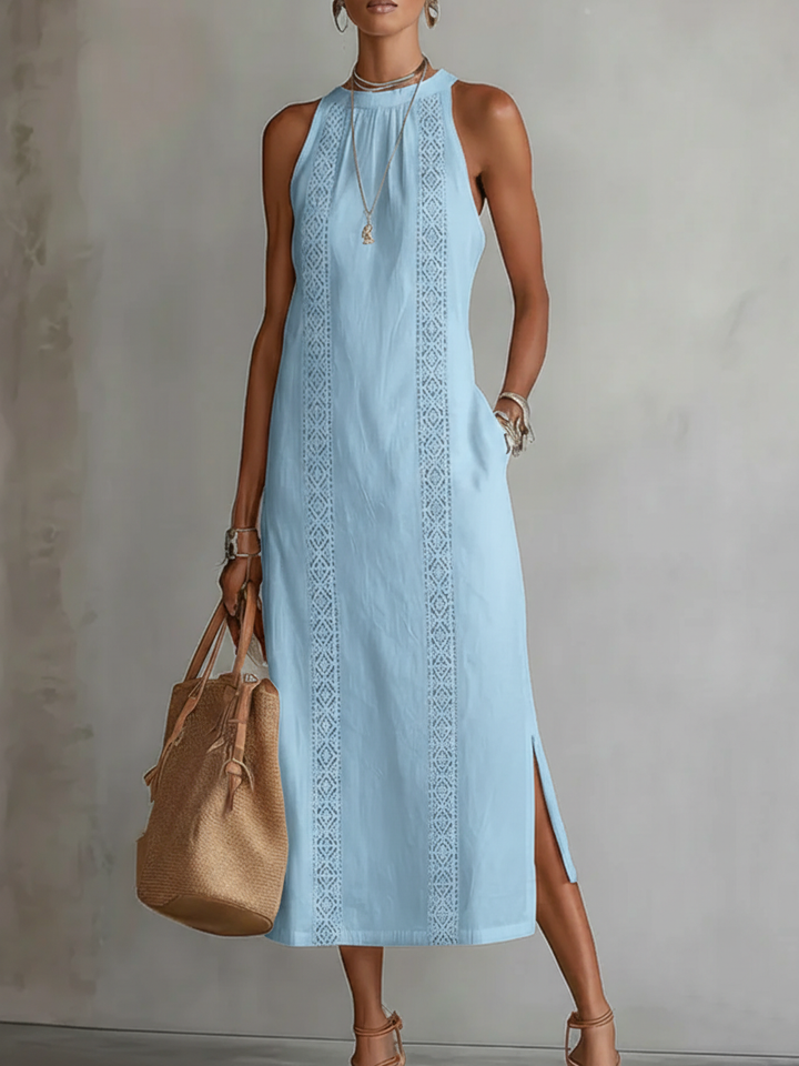 Olivia Sydney - Linen Midi Dress with Mao Collar
