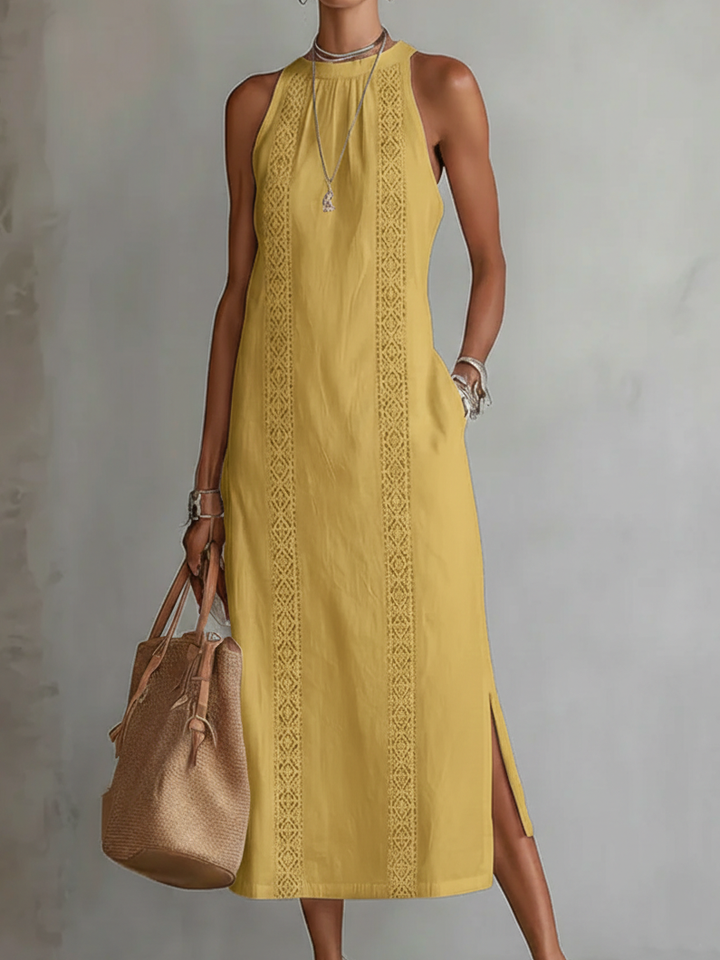 Olivia Sydney - Linen Midi Dress with Mandarin Collar