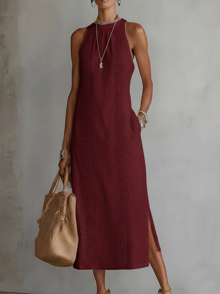 Olivia Sydney - Linen Midi Dress with Mao Collar