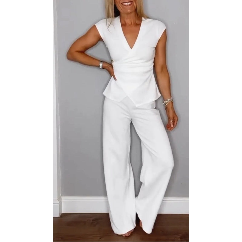 Olivia Sydney - Elegant V-neck Blouse and Loose Pants Set for Daily Comfort