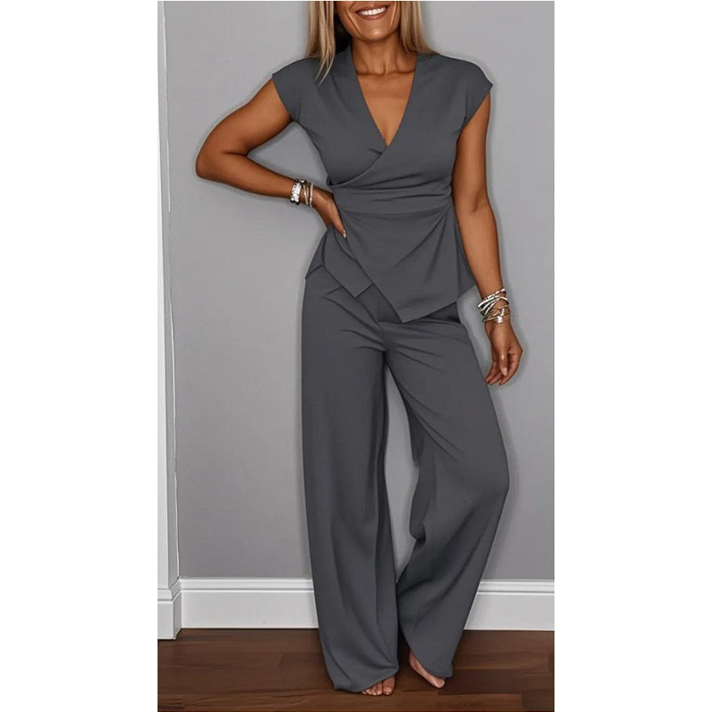 Olivia Sydney - Elegant V-neck Blouse and Loose Pants Set for Daily Comfort