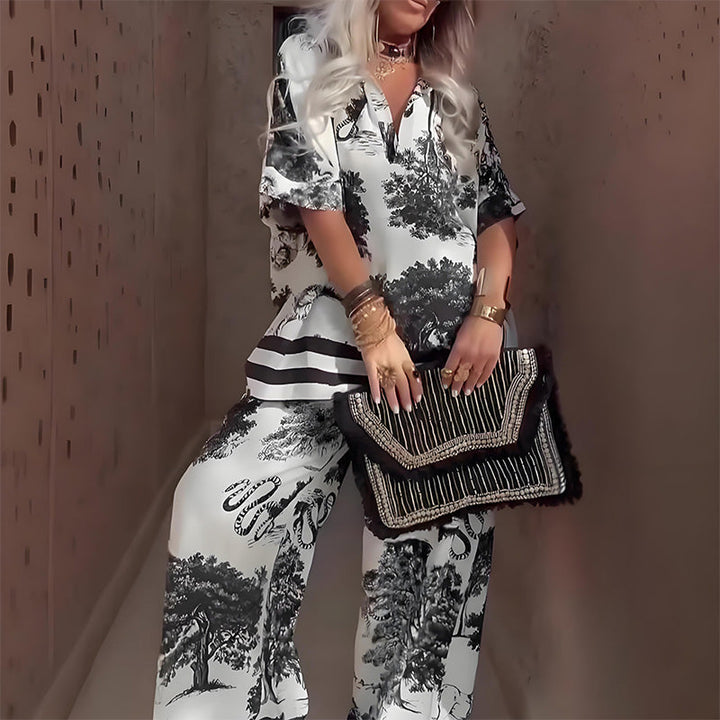 Olivia Sydney - Elegant and Light Summer Style Printed V-neck Blouse and Long Pants